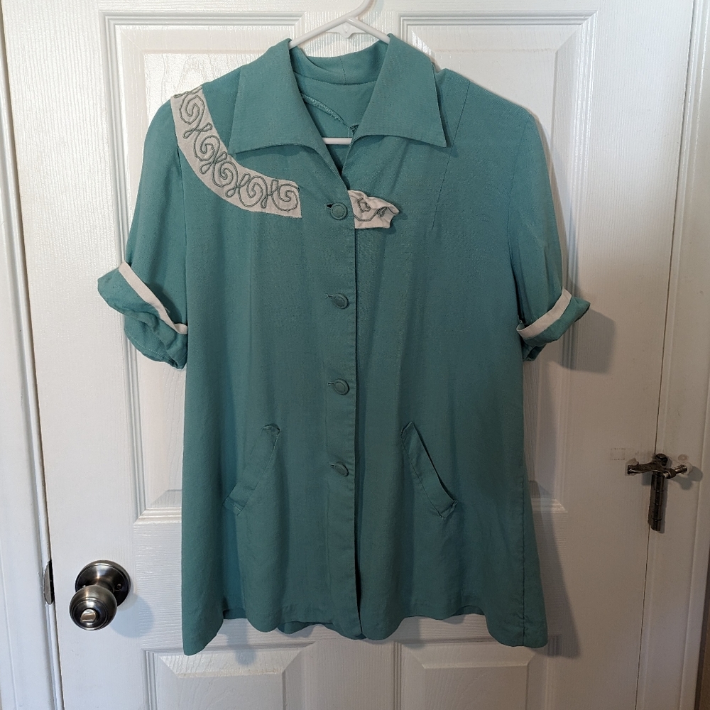 TRUE VINTAGE 1950s 1960s Maternity Turquoise Shirt XL